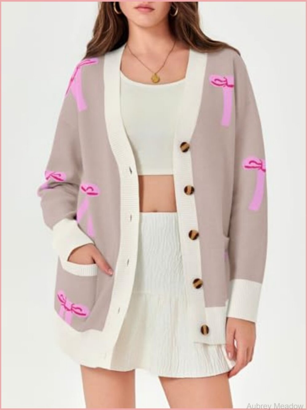 Oversized Bow Printed V Neck Long Sleeve Cardigan Sweater - Picture 2 of 7